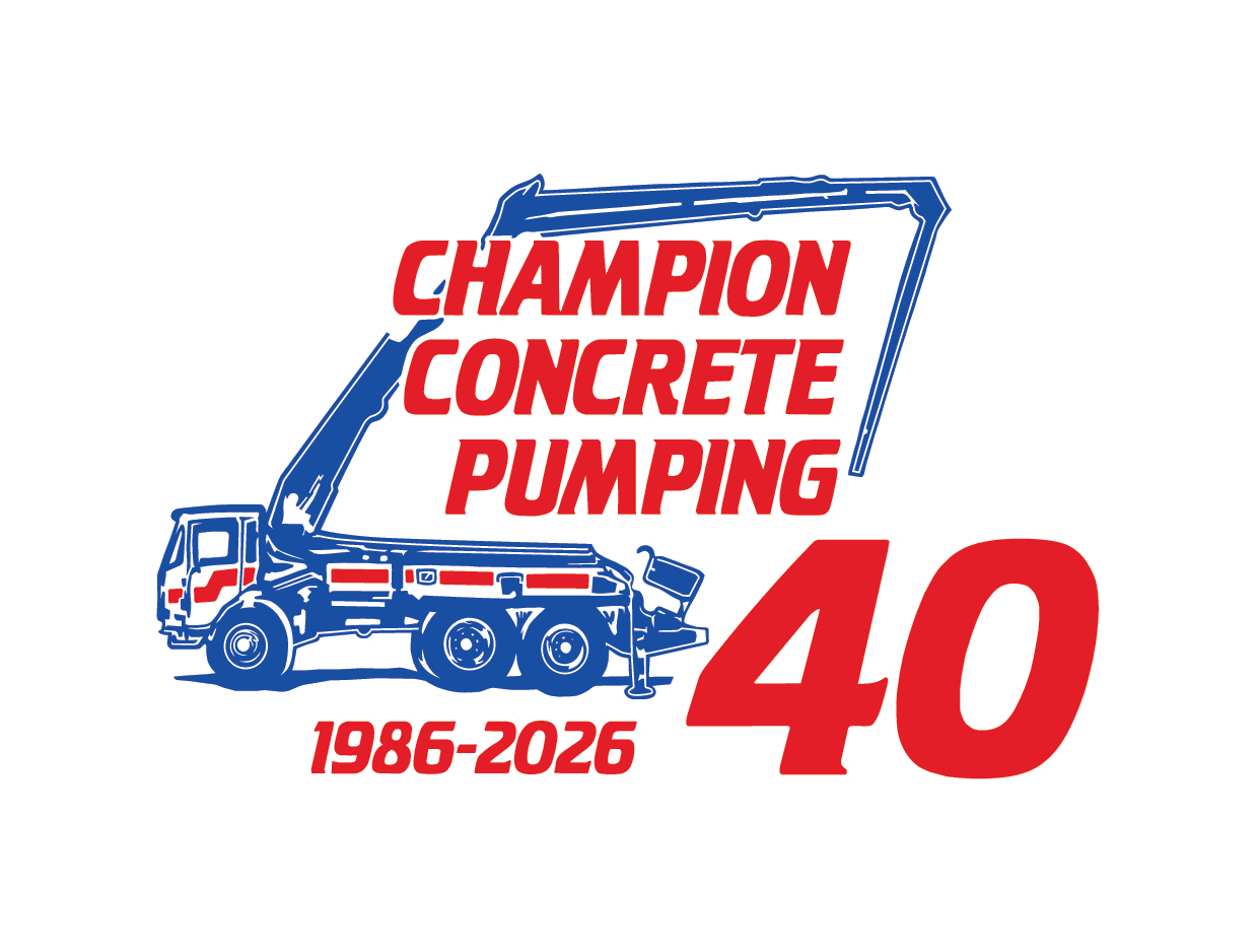 Champion Concrete Pumping - 40 year anniversary logo - showing a pumping truck icon.